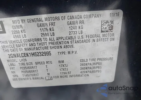 2017 Chevrolet Equinox Lt from USA, damaged, VIN 2GNALCEK1H6232995